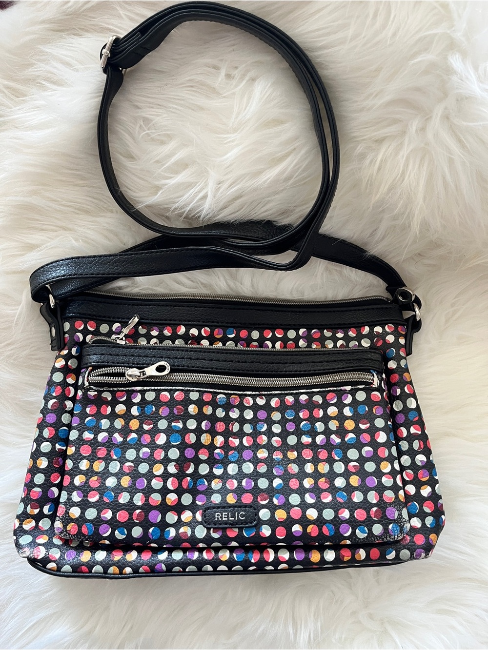 Relic Black Multicolor Polka Dot Crossbody Bag coated canvas